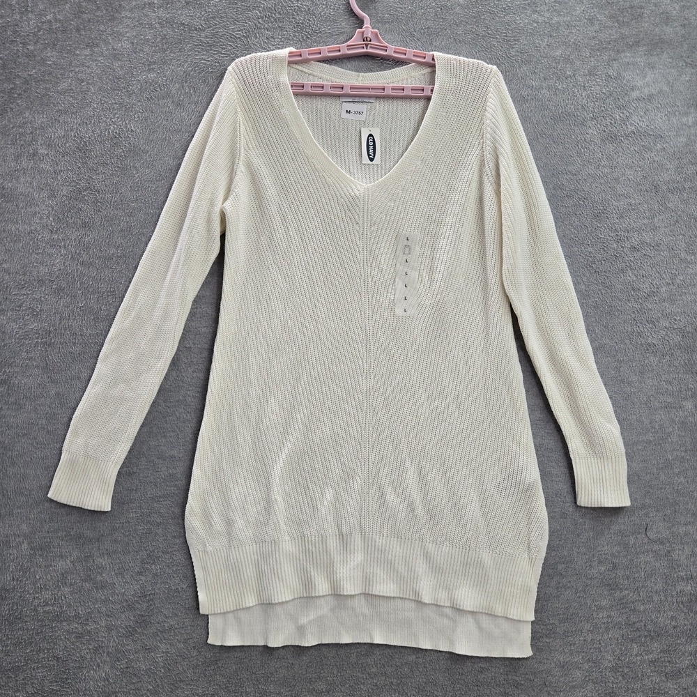 Old Navy Women Sweater L White Pullover Long Sleeve Tunic Rib Knit NWT